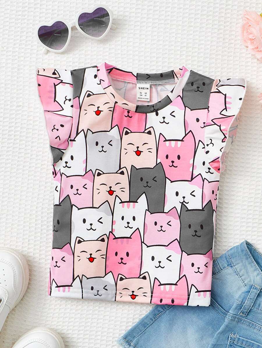 SHEIN Niñas Camiseta con estampado de dibujos animados ribete con fruncido - Multicolor - Ver 1