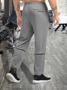 Men Letter Graphic Sport Trousers - Grey - View 2