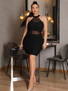 SHEIN SXY Plus Mesh Insert Halter Neck Cut Out Back Bodycon Dress - Black - View 3