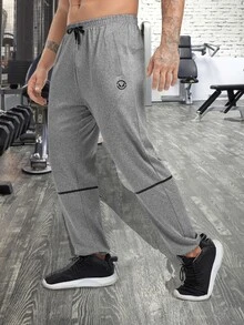 Men Letter Graphic Sport Trousers - Grey - View 3