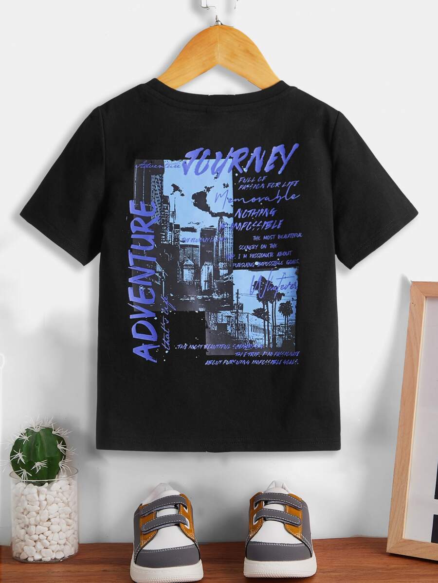 SHEIN 年輕男孩休閒寬鬆舒適城市風景圖案短袖上衣 - 黑色 - 查看 1