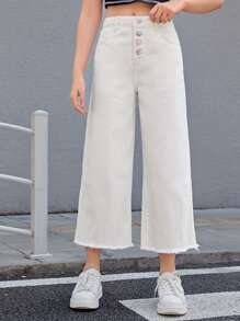 SHEIN Teen Girls Button Fly Raw Hem Jeans - White - View 1