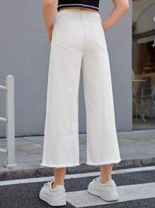 SHEIN Teen Girls Button Fly Raw Hem Jeans - White - View 2