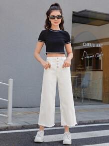 SHEIN Teen Girls Button Fly Raw Hem Jeans - White - View 3