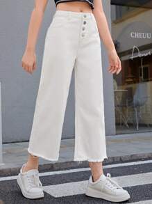 SHEIN Teen Girls Button Fly Raw Hem Jeans - White - View 4