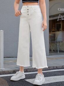SHEIN Teen Girls Button Fly Raw Hem Jeans - White - View 5