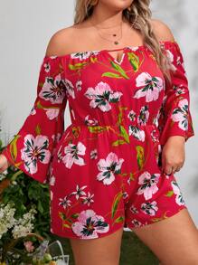 SHEIN VCAY Plus Floral Print Off Shoulder Flounce Sleeve Romper - Multicolor - View 1