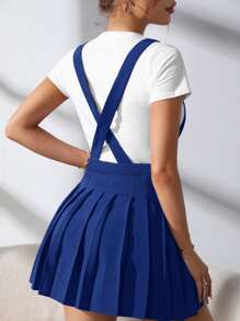 SHEIN EZwear 素色百褶背帶半身裙 - 寶藍色 - 查看 2