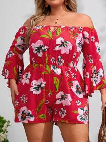 SHEIN VCAY Plus Floral Print Off Shoulder Flounce Sleeve Romper - Multicolor - View 4