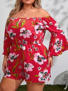 SHEIN VCAY Plus Floral Print Off Shoulder Flounce Sleeve Romper - Multicolor - View 2