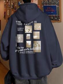 Manfinity Hypemode Men Slogan & Picture Print Drop Shoulder Thermal Drawstring Hoodie - Navy Blue - View 1