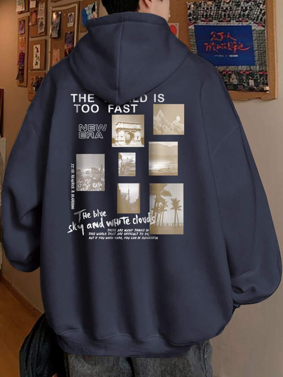 Manfinity Hypemode Men Slogan & Picture Print Drop Shoulder Thermal Drawstring Hoodie - Navy Blue - View 1