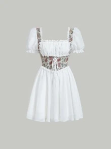 SHEIN MOD 花卉圖案提花方領蕾絲邊泡泡袖連衣裙 - 白色 - 查看 1