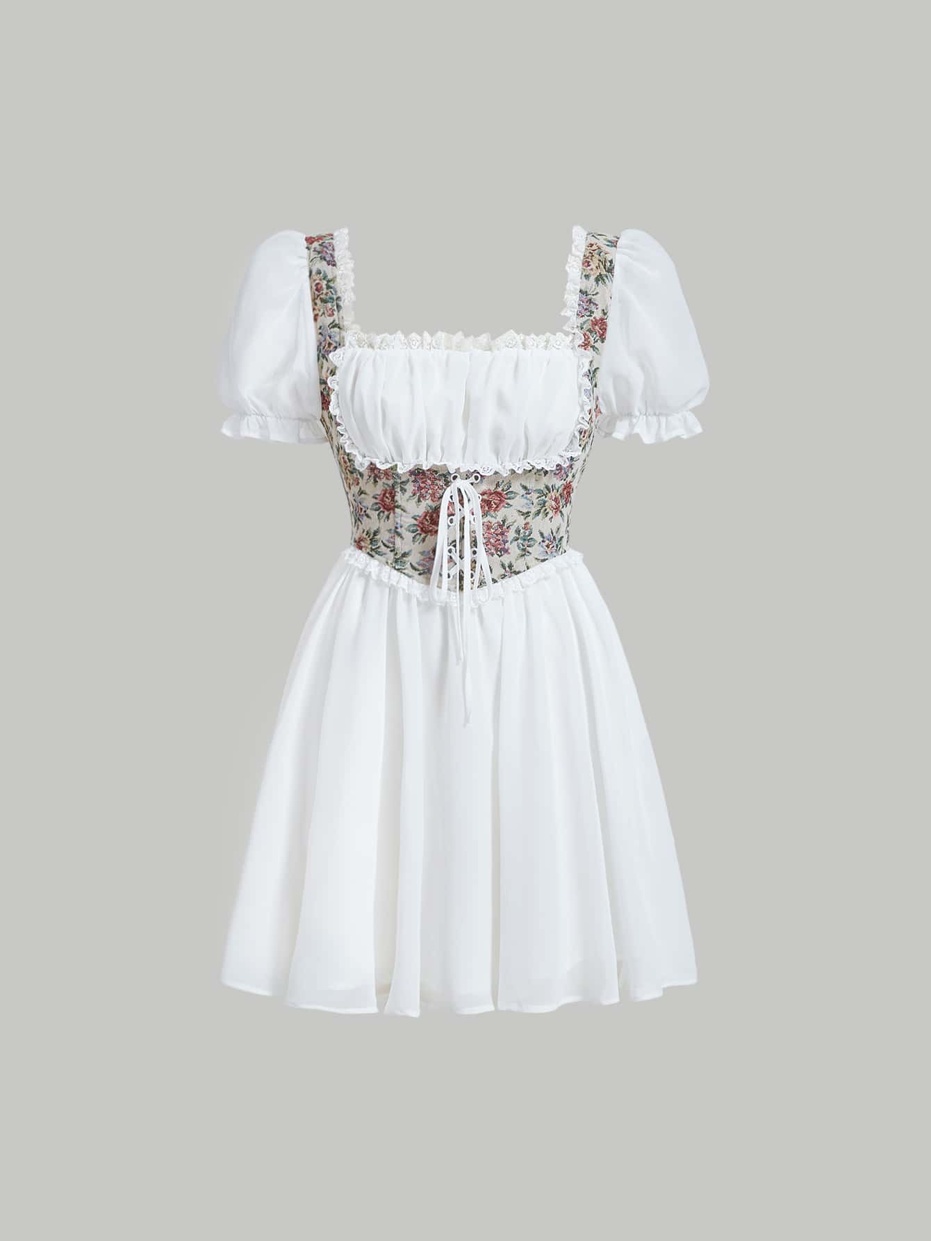 SHEIN MOD 花卉圖案提花方領蕾絲邊泡泡袖連衣裙 - 白色 - 查看 1