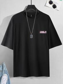 Claim Dot 男式卡通及口号图案落肩 T 恤 - 黑色 - 查看 2