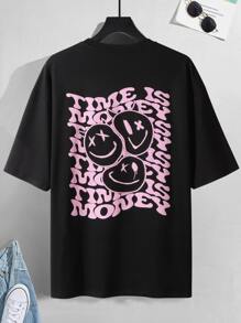 Claim Dot 男式卡通及口号图案落肩 T 恤 - 黑色 - 查看 8