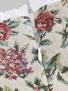 SHEIN MOD 花卉圖案提花方領蕾絲邊泡泡袖連衣裙 - 白色 - 查看 6