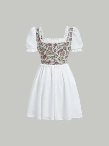 SHEIN MOD 花卉圖案提花方領蕾絲邊泡泡袖連衣裙 - 白色 - 查看 8