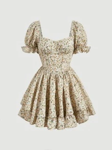 SHEIN MOD Ditsy Floral Print Puff Sleeve Ruffle Hem Dress - Multicolor - View 1