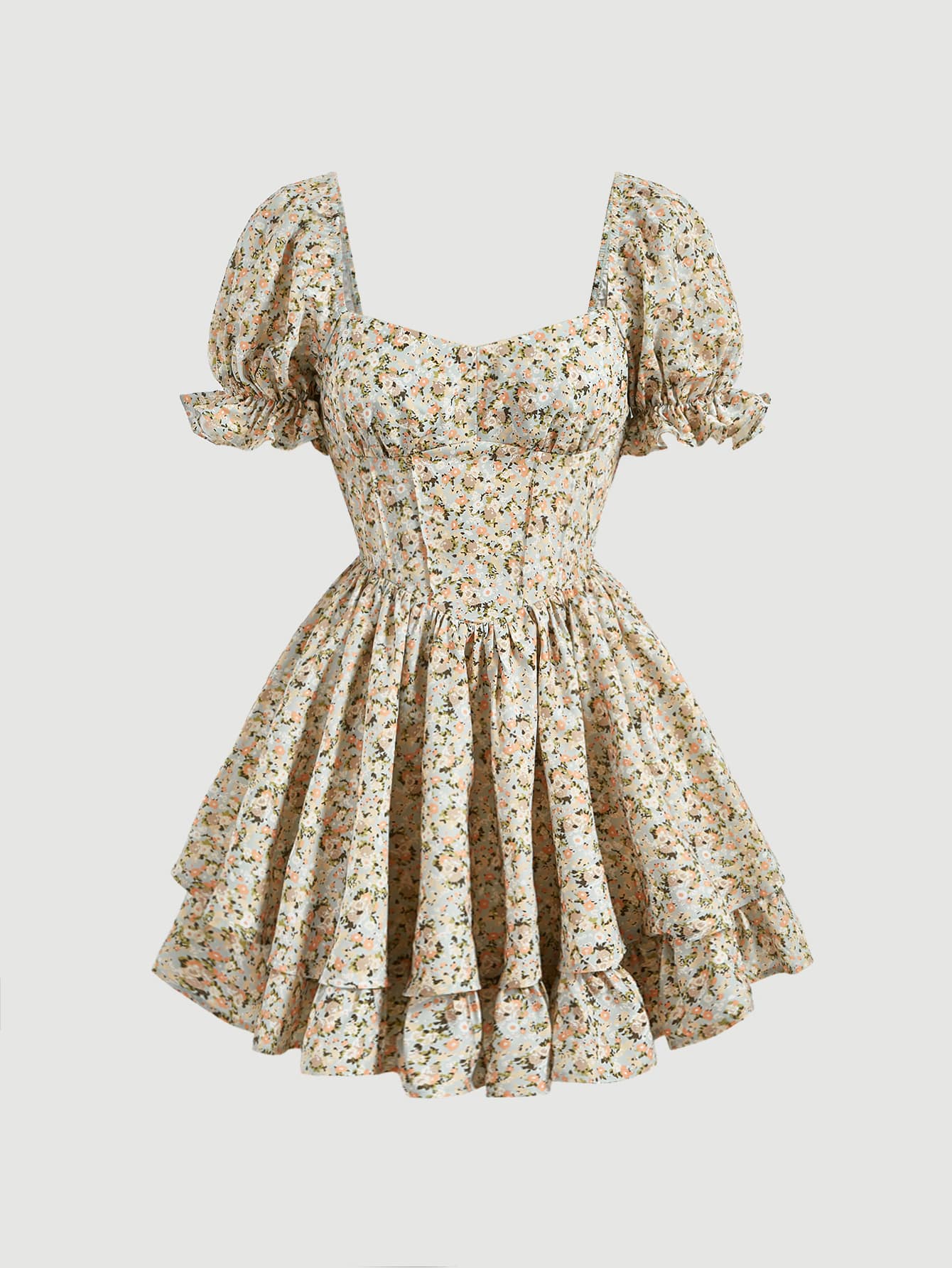 SHEIN MOD Ditsy Floral Print Puff Sleeve Ruffle Hem Dress - Multicolor - View 1