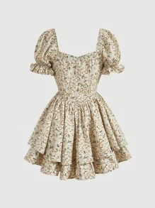 SHEIN MOD Ditsy Floral Print Puff Sleeve Ruffle Hem Dress - Multicolor - View 2