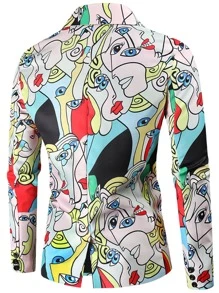 Men Lapel Collar Figure Graphic Single Button Blazer - Multicolor - View 4
