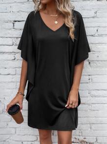 SHEIN LUNE Solid Batwing Sleeve Tee Dress - Black - View 1