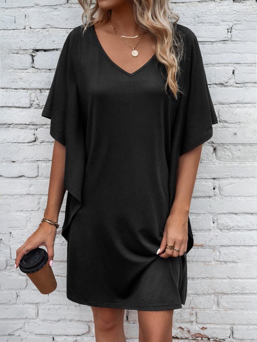 SHEIN LUNE Solid Batwing Sleeve Tee Dress - Black - View 1