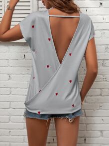 SHEIN LUNE Heart Print Cut Out Wrap Back Batwing Sleeve Tee - Mint Green - View 1