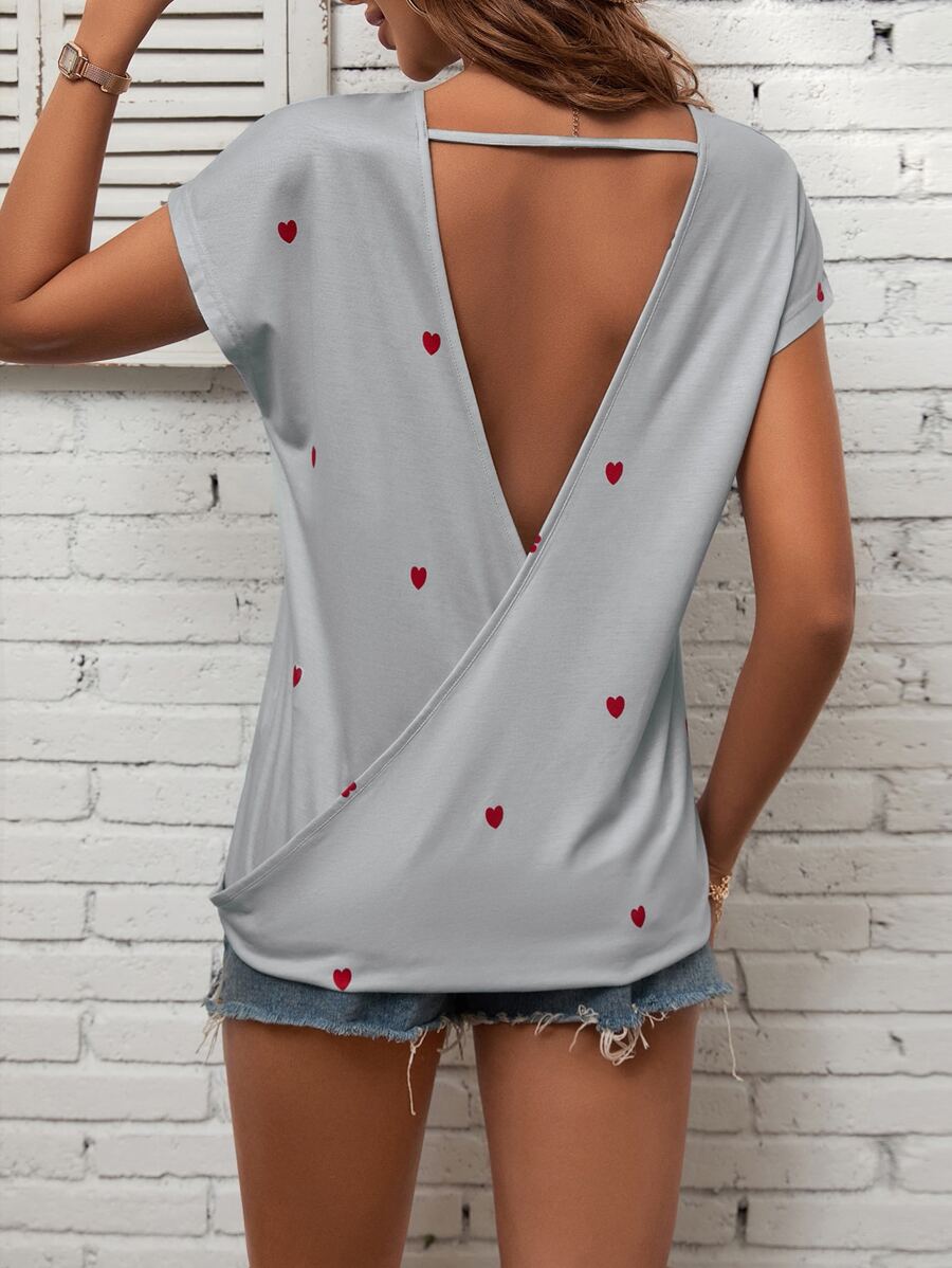 SHEIN LUNE Heart Print Cut Out Wrap Back Batwing Sleeve Tee - Mint Green - View 1