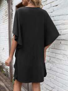 SHEIN LUNE Solid Batwing Sleeve Tee Dress - Black - View 2