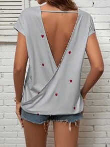 SHEIN LUNE Heart Print Cut Out Wrap Back Batwing Sleeve Tee - Mint Green - View 2