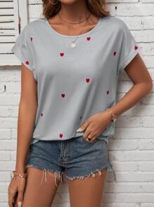 SHEIN LUNE Heart Print Cut Out Wrap Back Batwing Sleeve Tee - Mint Green - View 3