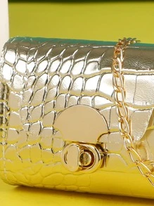 Girls Metallic Crocodile Embossed Twist Lock Flap Chain Square Bag - Gold - View 6