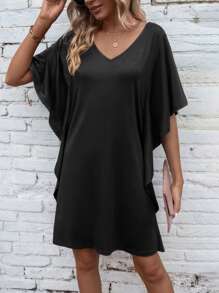 SHEIN LUNE Solid Batwing Sleeve Tee Dress - Black - View 3