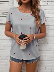 SHEIN LUNE Heart Print Cut Out Wrap Back Batwing Sleeve Tee - Mint Green - View 4