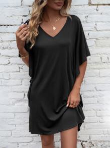 SHEIN LUNE Solid Batwing Sleeve Tee Dress - Black - View 5