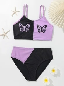 Tween Girl Two Tone Butterfly Print Bikini Set Summer Beach - Multicolor - View 1
