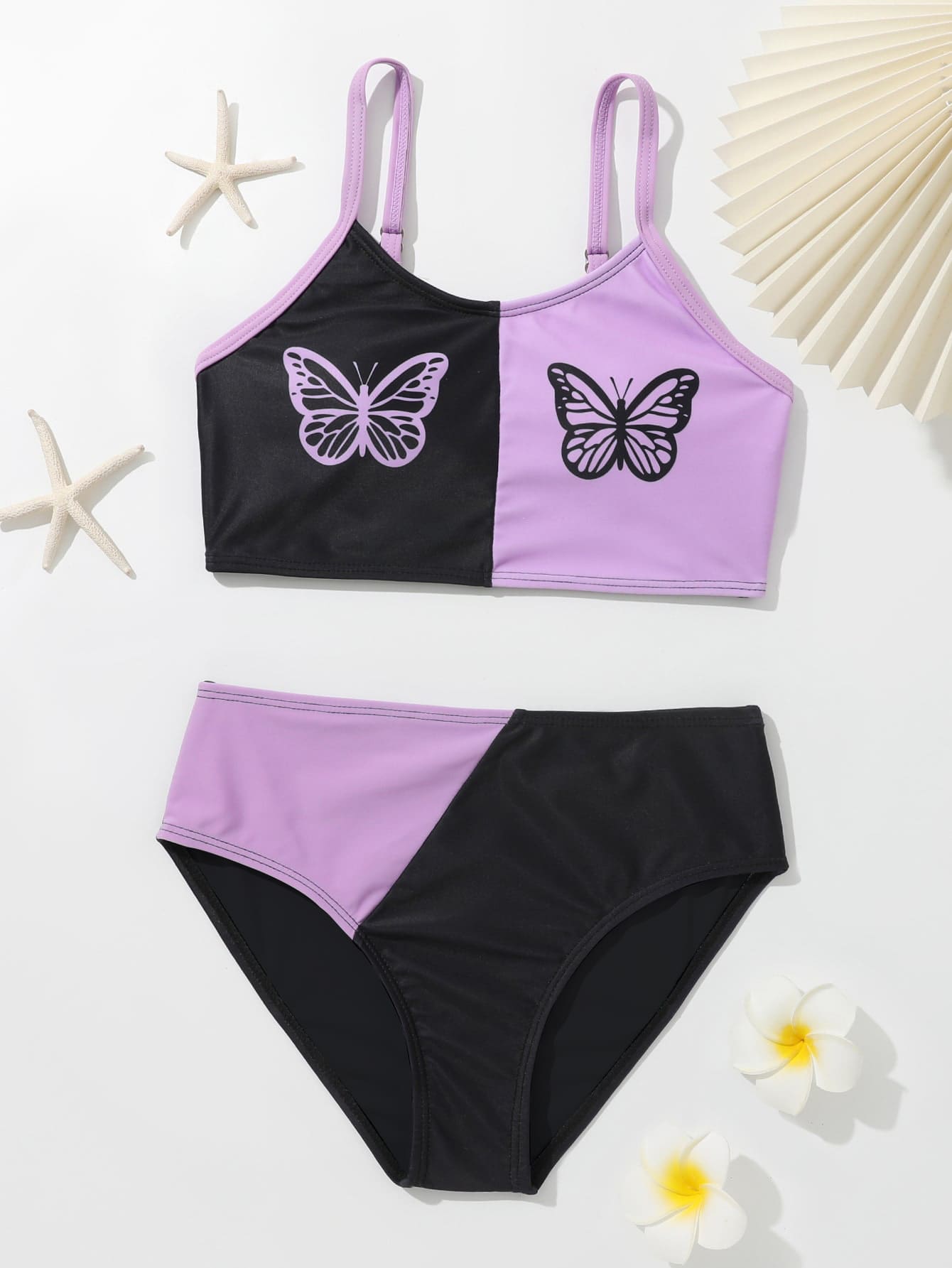 Tween Girl Two Tone Butterfly Print Bikini Set Summer Beach - Multicolor - View 1