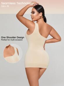 One Shoulder Tummy Control Compression Shapewear Slip - Beige - View 2