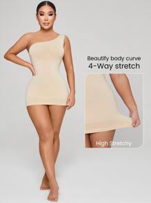 One Shoulder Tummy Control Compression Shapewear Slip - Beige - View 3