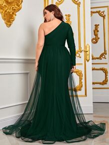 Plus One Shoulder Split Thigh Mesh Overlay Satin Formal Dress - Dark Green - View 2