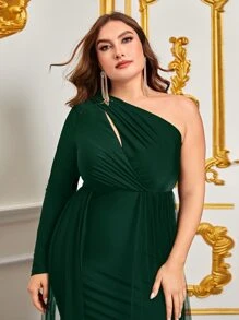 Plus One Shoulder Split Thigh Mesh Overlay Satin Formal Dress - Dark Green - View 5