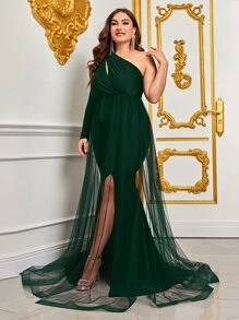 Plus One Shoulder Split Thigh Mesh Overlay Satin Formal Dress - Dark Green - View 6