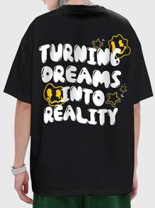 ROMWE MEN Guys Slogan Cartoon Face Graphic Tee - Black - View 1