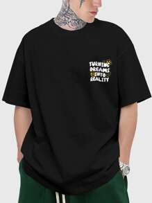 ROMWE MEN Guys Slogan Cartoon Face Graphic Tee - Black - View 2