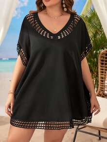 Swim Lushoire Plus Hollow Out Batwing Sleeve Cover Up Without Bikini - Black - View 4
