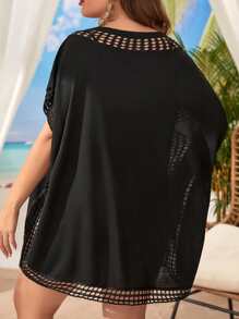 Swim Lushoire Plus Hollow Out Batwing Sleeve Cover Up Without Bikini - Black - View 5