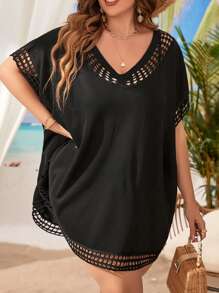 Swim Lushoire Plus Hollow Out Batwing Sleeve Cover Up Without Bikini - Black - View 6