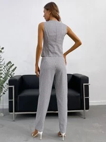 SHEIN Privé Bộ âu phục nữ Túi Nút phía trước Sọc ca rô Thanh lịch - Đen và trắng - Xem 2